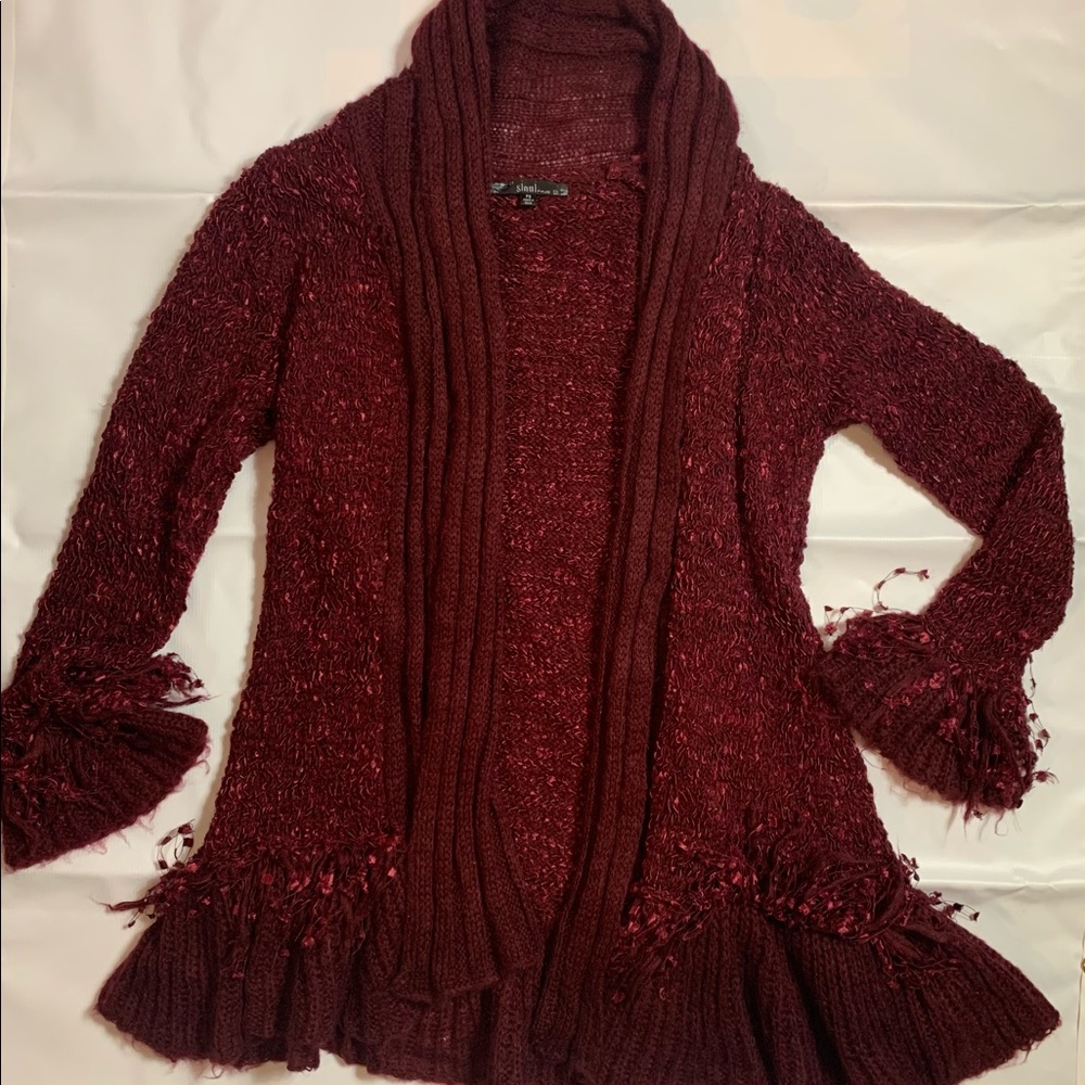 Sioni Cardigan Ruffled Scarf Collar Fringes Size PS